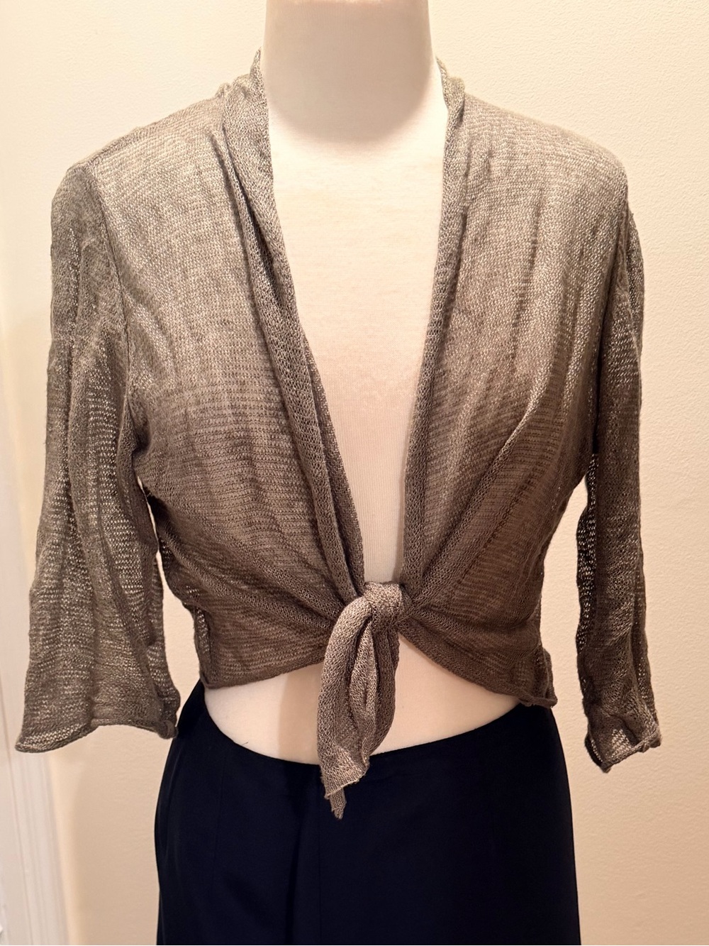 Eileen Fisher Taupe Knit Tie-Front Crop Cardigan